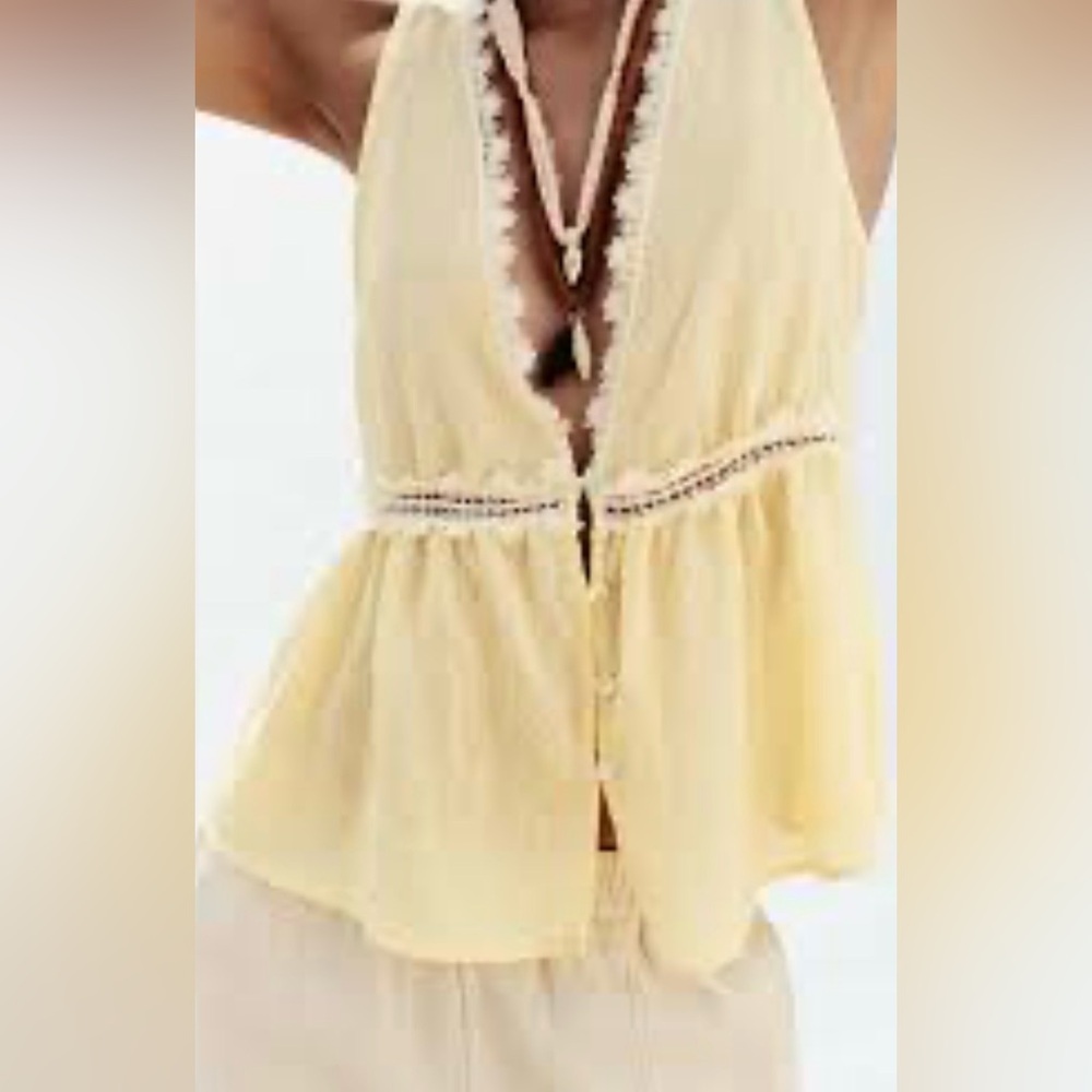 Zara Yellow white spring summer top sz LARGE L - Picture 2 of 6
